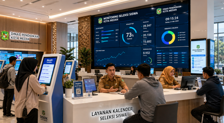 Dashboard interaktif Jadwal Seleksi Siswa yang menampilkan kalender pendaftaran real-time untuk mendukung efisiensi pendaftaran kota Medan.