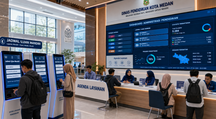 Dashboard interaktif Jadwal Ujian Mandiri yang menampilkan alur agenda tes real-time untuk mendukung efisiensi pendaftaran kota Medan.