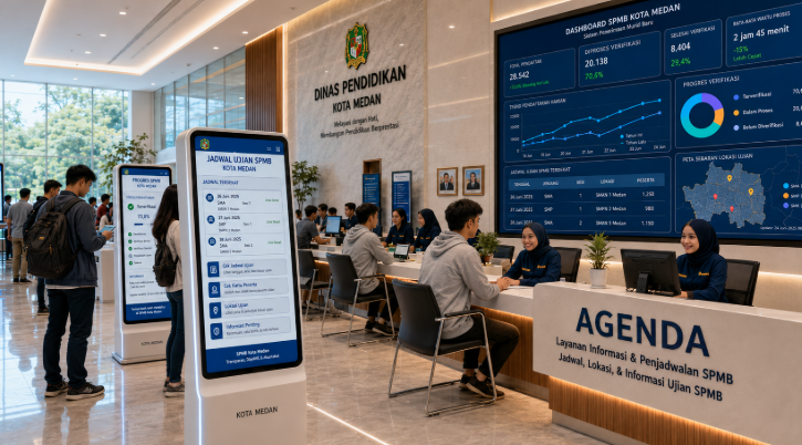Dashboard interaktif Jadwal Ujian SPMB yang menampilkan alur agenda tes real-time untuk mendukung efisiensi pendaftaran kota Medan.