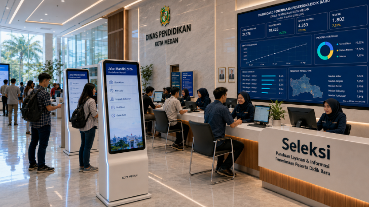 Dashboard interaktif Jalur Mandiri 2026 yang menampilkan alur agenda seleksi real-time untuk mendukung efisiensi pendaftaran kota Medan.