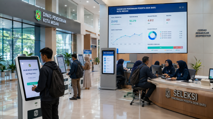 Dashboard interaktif Jalur Masuk Mandiri yang menampilkan alur agenda seleksi real-time untuk mendukung efisiensi pendaftaran kota Medan.