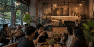 Suasana santai para pengunjung saat menikmati minuman hangat di area ruang terbuka salah satu kafe di Medan yang estetik