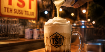 Kehangatan segelas minuman teh susu telur bebek dengan busa melimpah yang disajikan di salah satu kedai TST di Medan yang ramai pengunjung
