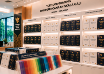 Jajaran tempat buku panduan kelas jabatan ASN Pemkot Medan Adil bahan premium untuk usaha pembuatan peringkat posisi pegawai dan alat pusat instrumen evajab Medan heavy duty minimalis berbagai folder lembar faktor yang tersusun sangat rapi di dalam etalase toko perlengkapan kantor