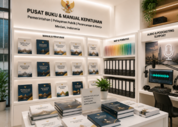 Jajaran tempat buku panduan aset audio ASN Pemkot Medan Profesional bahan premium untuk usaha pembuatan rencana clearance produksi pegawai dan alat pusat instrumen clearance produksi Medan heavy duty minimalis berbagai folder lembar jaminan yang tersusun sangat rapi di dalam etalase toko perlengkapan kantor untuk mendukung kemajuan Medan