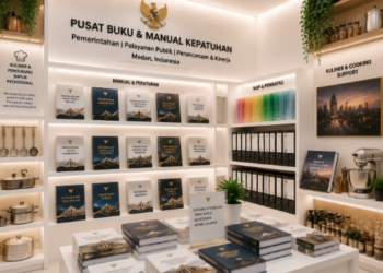 Jajaran tempat buku panduan aset kuliner ASN Pemkot Medan Profesional bahan premium untuk usaha pembuatan rencana clearance kuliner pegawai dan alat pusat instrumen clearance kuliner Medan heavy duty minimalis berbagai folder lembar jaminan yang tersusun sangat rapi di dalam etalase toko perlengkapan kantor untuk mendukung pembangunan kota Medan