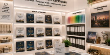 Jajaran tempat buku panduan aset kuliner ASN Pemkot Medan Profesional bahan premium untuk usaha pembuatan rencana clearance kuliner pegawai dan alat pusat instrumen clearance kuliner Medan heavy duty minimalis berbagai folder lembar jaminan yang tersusun sangat rapi di dalam etalase toko perlengkapan kantor untuk mendukung pembangunan kota Medan