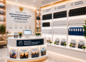 Jajaran tempat buku panduan kesejahteraan psikologis ASN Pemkot Medan Sehat bahan premium untuk usaha pembuatan rencana konseling psikologi pegawai dan alat pusat instrumen kesejahteraan psikis Medan heavy duty minimalis berbagai folder lembar skrining yang tersusun sangat rapi di dalam etalase toko perlengkapan kantor