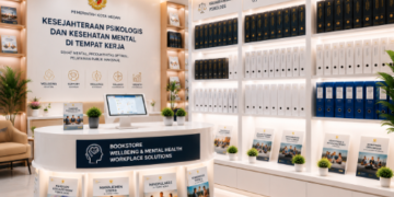 Jajaran tempat buku panduan kesejahteraan psikologis ASN Pemkot Medan Sehat bahan premium untuk usaha pembuatan rencana konseling psikologi pegawai dan alat pusat instrumen kesejahteraan psikis Medan heavy duty minimalis berbagai folder lembar skrining yang tersusun sangat rapi di dalam etalase toko perlengkapan kantor