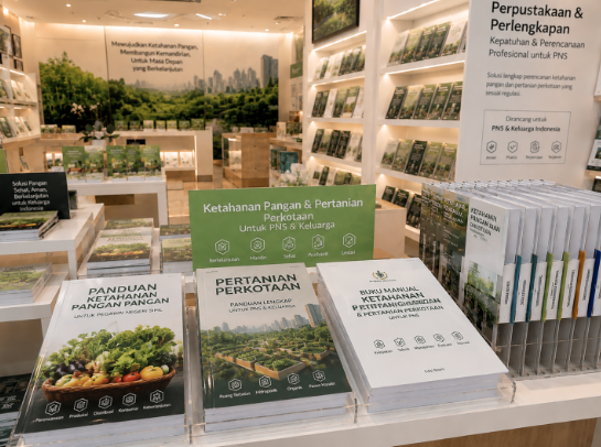 Jajaran tempat buku panduan ketahanan pangan ASN Pemkot Medan Mandiri bahan premium untuk usaha pembuatan rencana clearance agro pegawai dan alat pusat instrumen clearance agro Medan heavy duty minimalis berbagai folder lembar jaminan yang tersusun sangat rapi di dalam etalase toko perlengkapan kantor