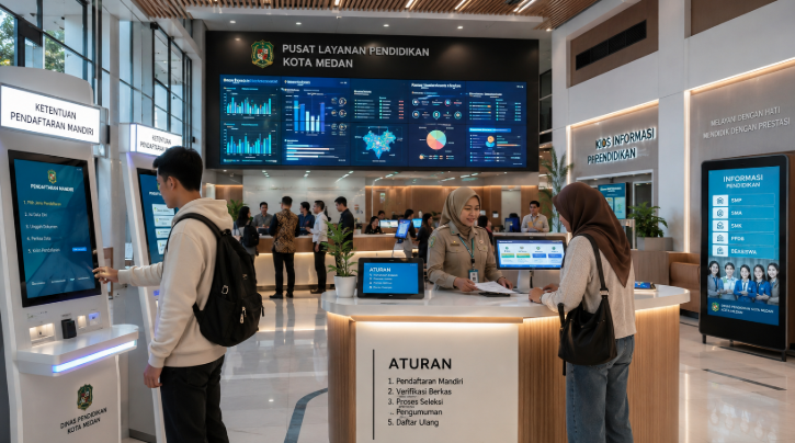 Dashboard interaktif Ketentuan Pendaftaran Mandiri yang menampilkan alur aturan registrasi real-time untuk mendukung efisiensi pendaftaran kota Medan.