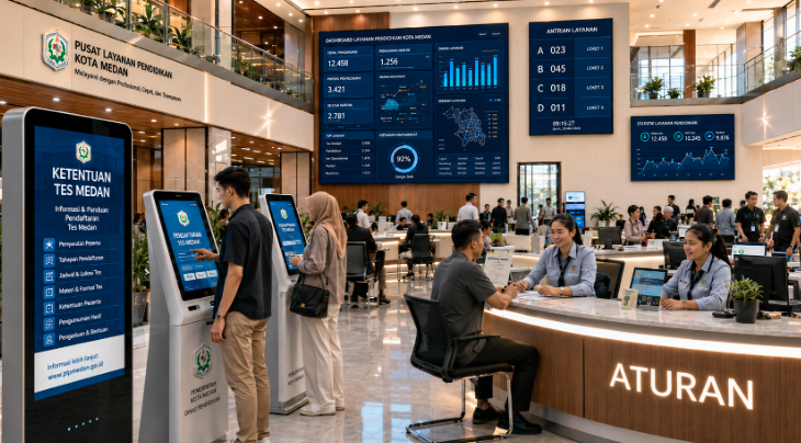 Dashboard interaktif Ketentuan Tes Medan yang menampilkan alur aturan seleksi real-time untuk mendukung efisiensi pendaftaran kota Medan.