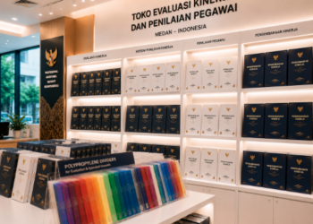 Jajaran tempat buku panduan kinerja pegawai ASN Pemkot Medan Terkini bahan premium untuk usaha penilaian capaian pegawai dan alat pusat instrumen skp Medan heavy duty minimalis berbagai folder lembar evaluasi yang tersusun sangat rapi di dalam etalase toko perlengkapan kantor