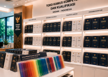 Jajaran tempat buku panduan kompetensi jabatan ASN Pemkot Medan Baru bahan premium untuk usaha pembuatan standar kompetensi pegawai dan alat pusat instrumen skj Medan heavy duty minimalis berbagai folder kamus perilaku yang tersusun sangat rapi di dalam etalase toko perlengkapan kantor