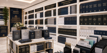 Jajaran tempat buku panduan koperasi mandiri ASN Pemkot Medan Jujur bahan premium untuk usaha pembuatan rencana clearance ekonomi pegawai dan alat pusat instrumen clearance ekonomi Medan heavy duty minimalis berbagai folder lembar izin yang tersusun sangat rapi di dalam etalase toko perlengkapan kantor