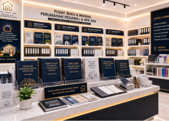 Jajaran tempat buku panduan kredit hunian ASN Pemkot Medan Kuat bahan premium untuk usaha pembuatan rencana clearance KPR pegawai dan alat pusat instrumen clearance KPR Medan heavy duty minimalis berbagai folder lembar jaminan yang tersusun sangat rapi di dalam etalase toko perlengkapan kantor