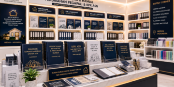 Jajaran tempat buku panduan kredit hunian ASN Pemkot Medan Kuat bahan premium untuk usaha pembuatan rencana clearance KPR pegawai dan alat pusat instrumen clearance KPR Medan heavy duty minimalis berbagai folder lembar jaminan yang tersusun sangat rapi di dalam etalase toko perlengkapan kantor