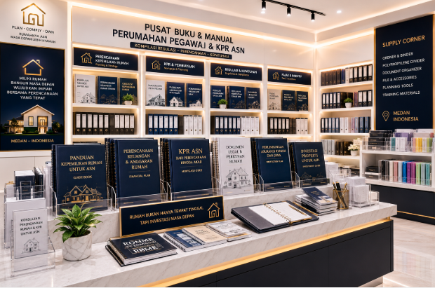 Jajaran tempat buku panduan kredit hunian ASN Pemkot Medan Kuat bahan premium untuk usaha pembuatan rencana clearance KPR pegawai dan alat pusat instrumen clearance KPR Medan heavy duty minimalis berbagai folder lembar jaminan yang tersusun sangat rapi di dalam etalase toko perlengkapan kantor