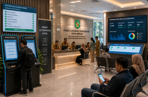 Dashboard interaktif Kriteria Kelulusan Siswa yang menampilkan alur penentuan hasil real-time untuk mendukung efisiensi pendaftaran kota Medan.