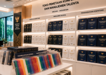 Jajaran tempat buku panduan kualifikasi jabatan pegawai ASN Medan bahan premium untuk usaha penyusunan kamus kompetensi pegawai dan alat pusat instrumen skj Medan heavy duty minimalis berbagai folder tingkat kemahiran yang tersusun sangat rapi di dalam etalase toko perlengkapan kantor