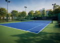 Keindahan tatanan lapangan tenis luar ruangan dengan permukaan berwarna biru terang yang bersih di salah satu lapangan tenis di Medan