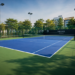 Keindahan tatanan lapangan tenis luar ruangan dengan permukaan berwarna biru terang yang bersih di salah satu lapangan tenis di Medan