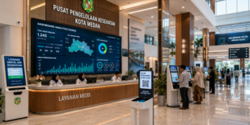 Dashboard interaktif Layanan Digital Izin Kesehatan yang menampilkan sistem pemantauan data medis real-time untuk mendukung efisiensi kesehatan kota Medan