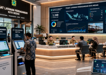 Dashboard interaktif Layanan Digital Izin Perdagangan yang menampilkan sistem pemantauan data distributor real-time untuk mendukung efisiensi perdagangan kota Medan
