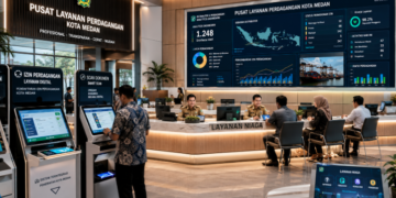 Dashboard interaktif Layanan Digital Izin Perdagangan yang menampilkan sistem pemantauan data distributor real-time untuk mendukung efisiensi perdagangan kota Medan