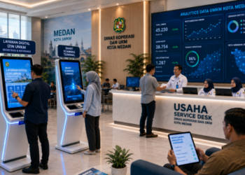 Dashboard interaktif Layanan Digital Izin UMKM yang menampilkan sistem pemantauan data usaha real-time untuk mendukung efisiensi UMKM kota Medan
