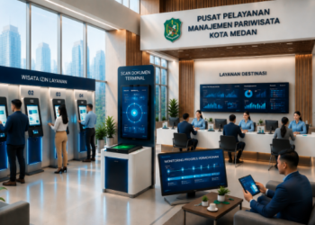 Dashboard interaktif Layanan Izin Wisata Medan yang menampilkan sistem pemantauan data destinasi real-time untuk mendukung efisiensi wisata kota Medan