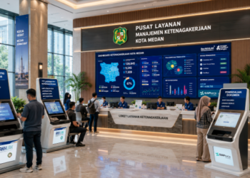 Dashboard interaktif Legalitas Bursa Kerja Medan yang menampilkan sistem pemantauan data kompetensi real-time untuk mendukung efisiensi SDM kota Medan