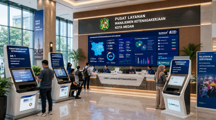 Dashboard interaktif Legalitas Bursa Kerja Medan yang menampilkan sistem pemantauan data kompetensi real-time untuk mendukung efisiensi SDM kota Medan