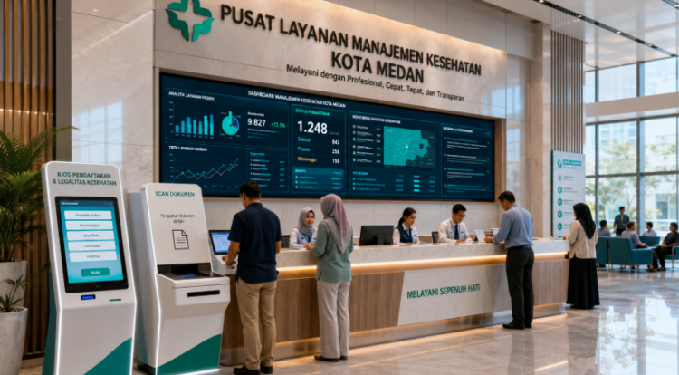 Dashboard interaktif Legalitas Fasilitas Kesehatan Medan yang menampilkan sistem pemantauan data medis real-time untuk mendukung efisiensi fasilitas kesehatan kota Medan
