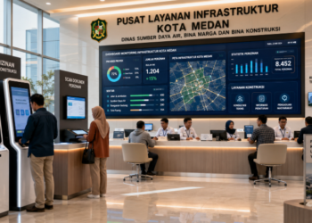Dashboard interaktif Legalitas Infrastruktur Medan yang menampilkan sistem pemantauan data konstruksi real-time untuk mendukung efisiensi infrastruktur kota Medan
