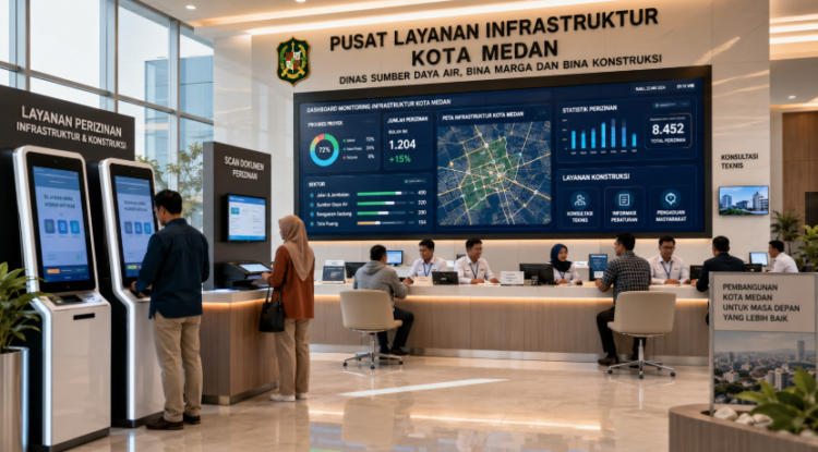 Dashboard interaktif Legalitas Infrastruktur Medan yang menampilkan sistem pemantauan data konstruksi real-time untuk mendukung efisiensi infrastruktur kota Medan
