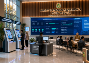 Dashboard interaktif Legalitas Kearsipan Medan yang menampilkan sistem pemantauan data arsip real-time untuk mendukung efisiensi kearsipan kota Medan