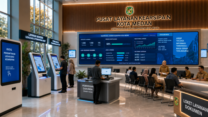 Dashboard interaktif Legalitas Kearsipan Medan yang menampilkan sistem pemantauan data arsip real-time untuk mendukung efisiensi kearsipan kota Medan