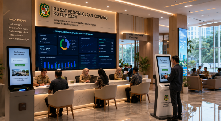 Dashboard interaktif Legalitas Kelembagaan Koperasi Medan yang menampilkan sistem pemantauan data keanggotaan real-time untuk mendukung efisiensi koperasi kota Medan