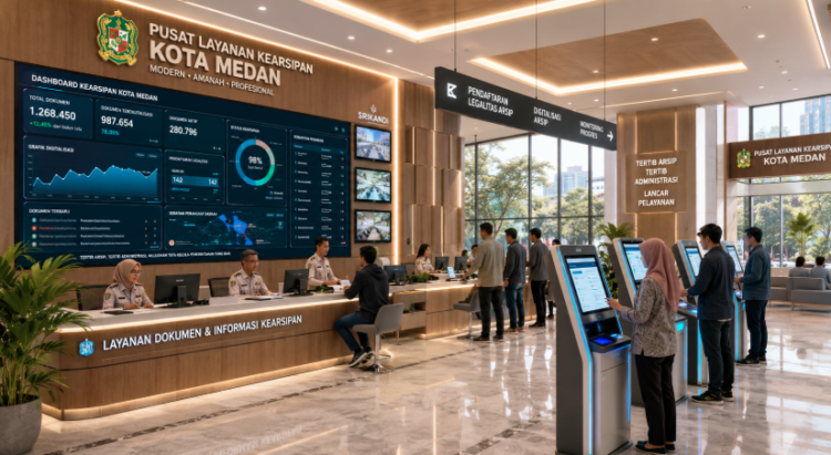 Dashboard interaktif Legalitas Kelola Arsip Medan yang menampilkan sistem pemantauan data dokumen real-time untuk mendukung efisiensi kearsipan kota Medan