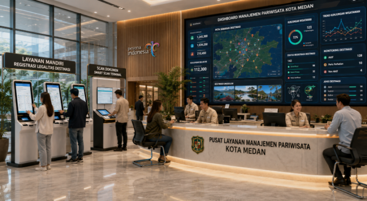 Dashboard interaktif Legalitas Kelola Destinasi Medan yang menampilkan sistem pemantauan data wisata real-time untuk mendukung efisiensi pariwisata kota Medan