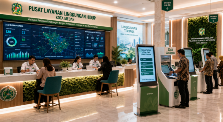 Dashboard interaktif Legalitas Kelola Lingkungan Medan yang menampilkan sistem pemantauan data amdal real-time untuk mendukung efisiensi lingkungan kota Medan