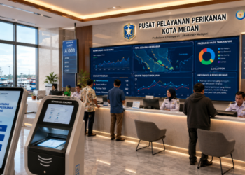 Dashboard interaktif Legalitas Kelola Perikanan Medan yang menampilkan sistem pemantauan data tangkapan real-time untuk mendukung efisiensi perikanan kota Medan
