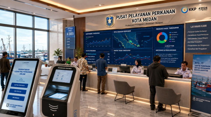 Dashboard interaktif Legalitas Kelola Perikanan Medan yang menampilkan sistem pemantauan data tangkapan real-time untuk mendukung efisiensi perikanan kota Medan