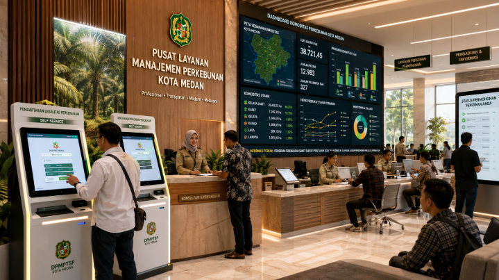 Dashboard interaktif Legalitas Kelola Perkebunan Medan yang menampilkan sistem pemantauan data komoditas real-time untuk mendukung efisiensi perkebunan kota Medan