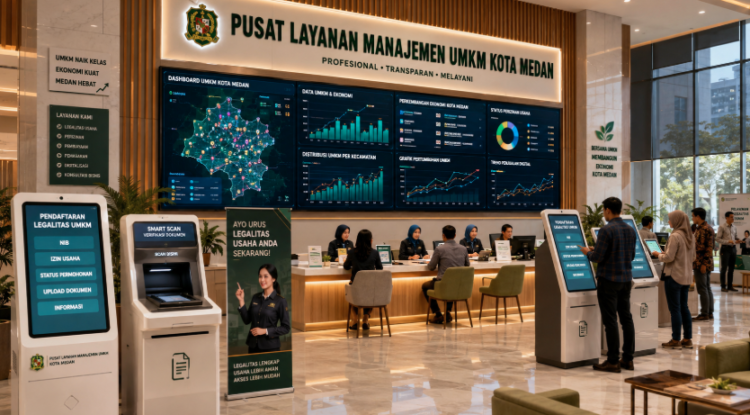 Dashboard interaktif Legalitas Kelola UMKM Medan yang menampilkan sistem pemantauan data ekonomi real-time untuk mendukung efisiensi umkm kota Medan