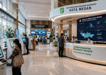 Dashboard interaktif Legalitas Kesehatan Masyarakat Medan yang menampilkan sistem pemantauan data medis real-time untuk mendukung efisiensi kesehatan kota Medan
