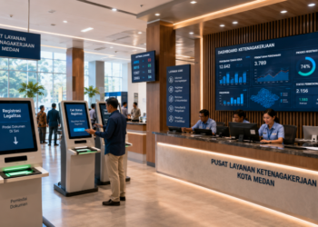 Dashboard interaktif Legalitas Ketenagakerjaan Medan yang menampilkan sistem pemantauan data industrial real-time untuk mendukung efisiensi ketenagakerjaan kota Medan