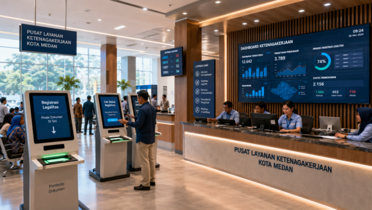 Dashboard interaktif Legalitas Ketenagakerjaan Medan yang menampilkan sistem pemantauan data industrial real-time untuk mendukung efisiensi ketenagakerjaan kota Medan