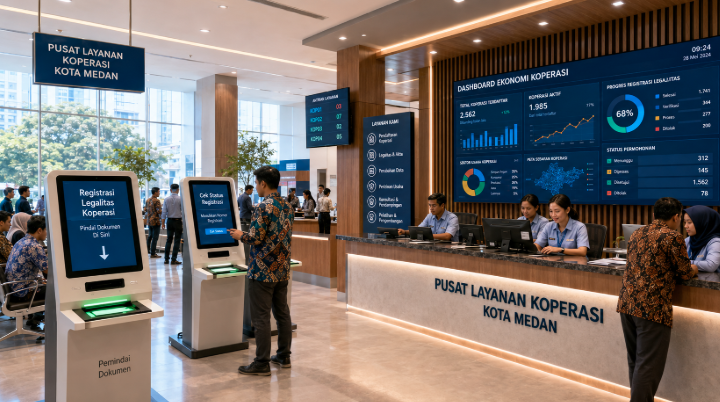 Dashboard interaktif Legalitas Koperasi Medan yang menampilkan sistem pemantauan data ekonomi real-time untuk mendukung efisiensi koperasi kota Medan